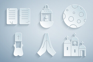 Sticker - Set Hands in praying position, Moon, Priest, Church building, Ramadan Kareem lantern and The commandments icon. Vector