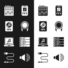 Poster - set audio jack, mp3 file document, sound mixer controller, music player, laptop with music note, pla