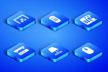 Poster - Set Computer mouse, Warehouse, Table lamp, Multimedia and TV box, Remote control and Coffee machine icon. Vector