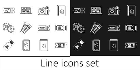 Poster - Set line Museum ticket, Bus, Ticket, Translator, Airline, and Online car sharing icon. Vector