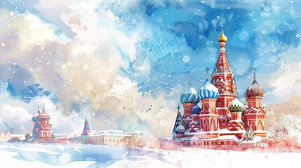 A painting of a snow covered city with a large red church in the center