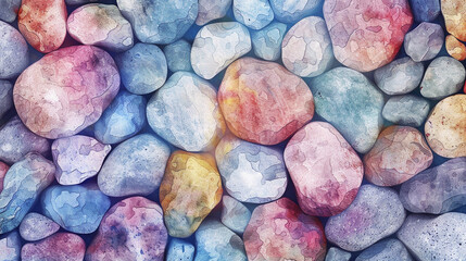 Wall Mural - A painting of a rock wall with a variety of colored rocks