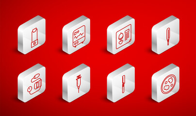 Sticker - Set line Petri dish with bacteria, Monitor cardiogram, X-ray shots, Medical thermometer, saw, Inhaler, Syringe and Blood pressure icon. Vector