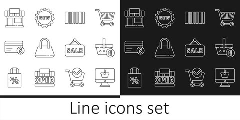 Sticker - Set line Monitor with shopping basket, Shopping and euro, Barcode, Handbag, Credit card dollar, building market store, Hanging sign Sale and Price tag text New icon. Vector