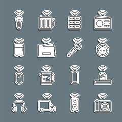 Poster - Set line Smart photo camera, security, Robot vacuum cleaner, server, printer, refrigerator, light bulb and Wireless microphone icon. Vector