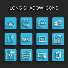 Poster - Set line Floppy disk in the 5.25-inch, Database, Cloud database, Delete folder, IV bag, Stereo speaker, Calendar and Dead laptop icon. Vector