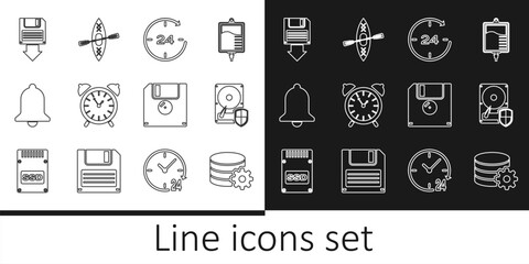 Poster - Set line Setting database server, Hard disk drive HDD protection, Clock 24 hours, Alarm clock, Ringing bell, Floppy backup, and Kayak and paddle icon. Vector