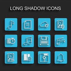 Poster - Set line Hard disk drive HDD sync refresh, Server setting, Music note, tone, Floppy the 5.25-inch, Ringing bell, Water tap and icon. Vector