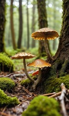 Poster - Three Mushrooms Growing In The Forest.