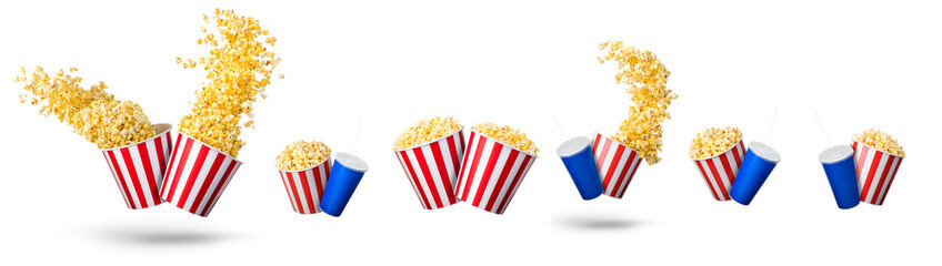 Canvas Print - Paper striped bucket with popcorn and cup of soft drink isolated on white