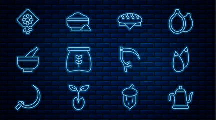 Poster - Set line Watering can, Seed, Bread loaf, Bag of flour, Mortar and pestle, Pack full seeds plant, Scythe and Flour bowl icon. Vector