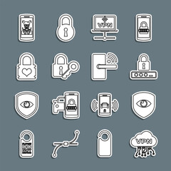 Poster - set line cloud vpn interface, shield and eye, password protection, computer network, lock key, padlo