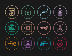 Poster - Set line Padlock with heart, Shield VPN wireless, Bezier curve, Eye scan, Network cloud connection, Password protection and Lock icon. Vector