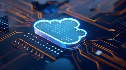 Poster - Futuristic digital cloud technology concept with glowing cloud icon on a circuit board background, representing cloud computing and data storage. 3D Illustration.