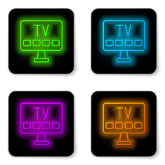 Poster - glowing neon line smart tv icon isolated on white background. television sign. black square button. 