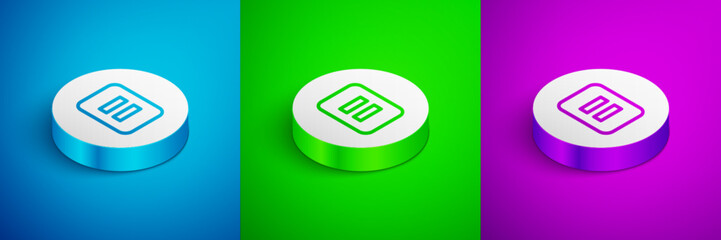 Poster - Isometric line Pause button icon isolated on blue, green and purple background. White circle button. Vector