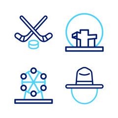 Sticker - Set line Canadian ranger hat, Ferris wheel, Montreal Biosphere and Ice hockey sticks and puck icon. Vector