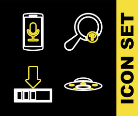 Poster - set line unknown search, ufo flying spaceship, loading and mobile recording icon. vector