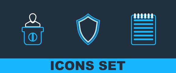 Poster - Set line Notebook, Information desk and Shield icon. Vector