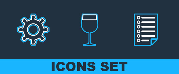 Poster - Set line Document, Cogwheel gear settings and Wine glass icon. Vector