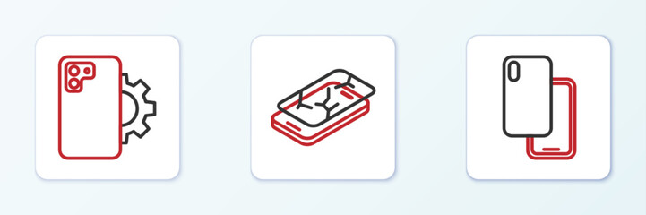 Poster - Set line Smartphone, Phone repair service and Mobile with broken screen icon. Vector