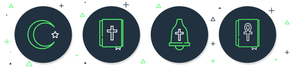 Poster - Set line Holy bible book, Church bell, Star and crescent and Cross ankh icon. Vector