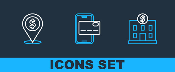 Poster - set line bank building, cash location and mobile banking icon. vector