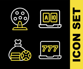 Poster - Set line Online poker table game, Laptop and slot machine, Money bag and Lottery icon. Vector