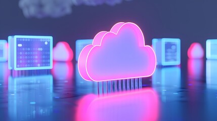 Poster - Futuristic neon cloud concept representing cloud computing and storage technology with a digital background and reflective surface. 3D Illustration.