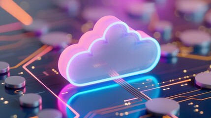 Poster - Futuristic neon cloud icon on a circuit board symbolizing cloud computing technology and data storage infrastructure. 3D Illustration.
