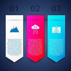 Poster - set mountains with flag, stair finish and startup project concept. business infographic template. ve