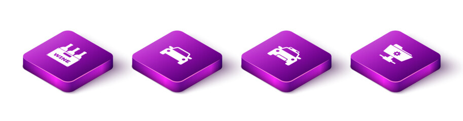 Sticker - Set Isometric Bottles of wine in box, Car, Police car and flasher and FTP settings folder icon. Vector