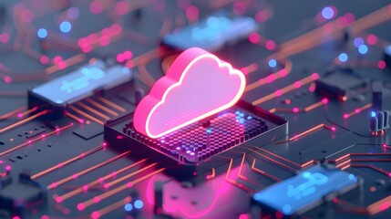 Poster - Futuristic representation of cloud computing technology with a glowing cloud icon on a circuit board, symbolizing digital transformation. 3D Illustration.