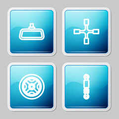 Sticker - Set line Car mirror, Wheel wrench, wheel and Shock absorber icon. Vector