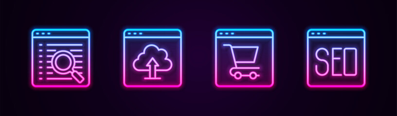 Poster - Set line Search engine, Cloud upload, Online shopping on screen and SEO optimization. Glowing neon icon. Vector