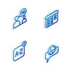 Poster - Set Isometric line School timetable, Two sitting men talking, Online translator and Learning foreign languages icon. Vector