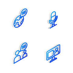 Poster - Set Isometric line Microphone voice device, Learning foreign languages, Two sitting men talking and Foreign online study icon. Vector