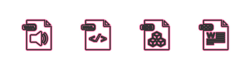 Poster - Set line WMA file document, 3DS, HTML and DOC icon. Vector
