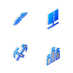 Poster - set isometric line server, data, web hosting, ufo flying spaceship and alien, two crossed hammers an