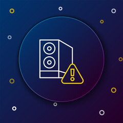Poster - Line Case of computer with exclamation mark icon isolated on blue background. Computer server. Workstation. Colorful outline concept. Vector