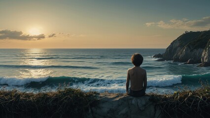 Poster - Young boy watching the sunset over the ocean.