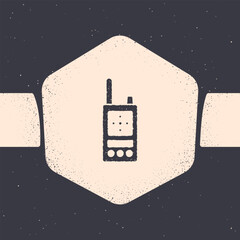 Poster - Grunge Walkie talkie icon isolated on grey background. Portable radio transmitter icon. Radio transceiver sign. Monochrome vintage drawing. Vector