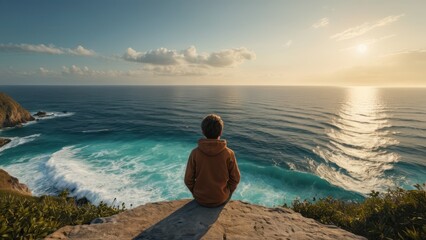 Wall Mural - Man Sitting on a Cliff Overlooking the Ocean at Sunset.