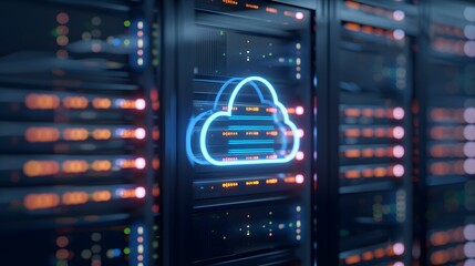 Poster - Server room with cloud computing technology, featuring glowing neon cloud symbol on a panel, illustrating data storage and digital infrastructure. 3D Illustration.