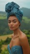 © Uncover4u - African American woman in blue strapless dress with gele Headwrap, Scenic mountain background