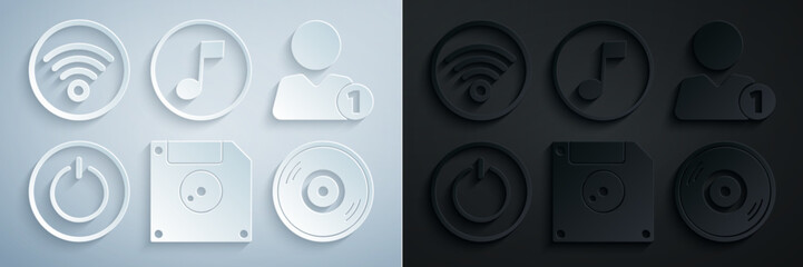 Poster - Set Floppy disk for computer data storage, Add friend, Power button, Vinyl, Music note, tone and Wi-Fi wireless internet network icon. Vector