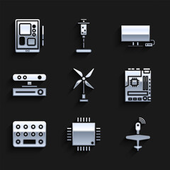 Poster - Set Wind turbine, Processor with microcircuits CPU, UAV Drone, Motherboard, Pills blister pack, Motion sensor, Smart Tv and Graphic tablet icon. Vector