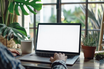 Man's hands typing on laptop computer in a room with indoor green flowers. White blank mock up empty screen display for business websites or services ads. Mock up. Copy space