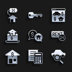 Poster - Set Price negotiation, Calculator, Car sharing, Rent, House with dollar, Online real estate, and percant icon. Vector
