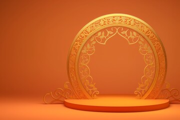 Ornate Golden Podium on Vibrant Orange Background for Diwali Festival Display